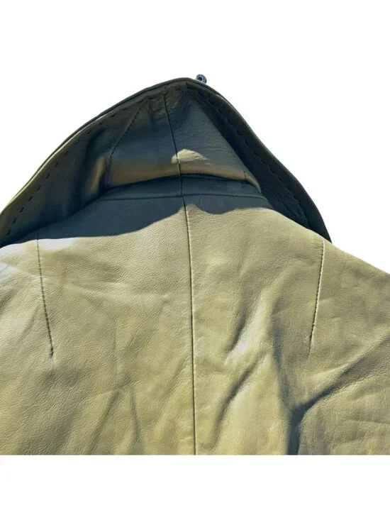 70s Light Yellow Green Leather Trench Coat Black Satin Lined Bespoke Women's M/L - Picture 9 of 13